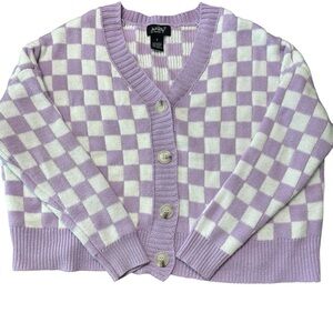 Just Polly Cardigan Sweater Button Women Sz S  Knitted Plaid Light Purple  White